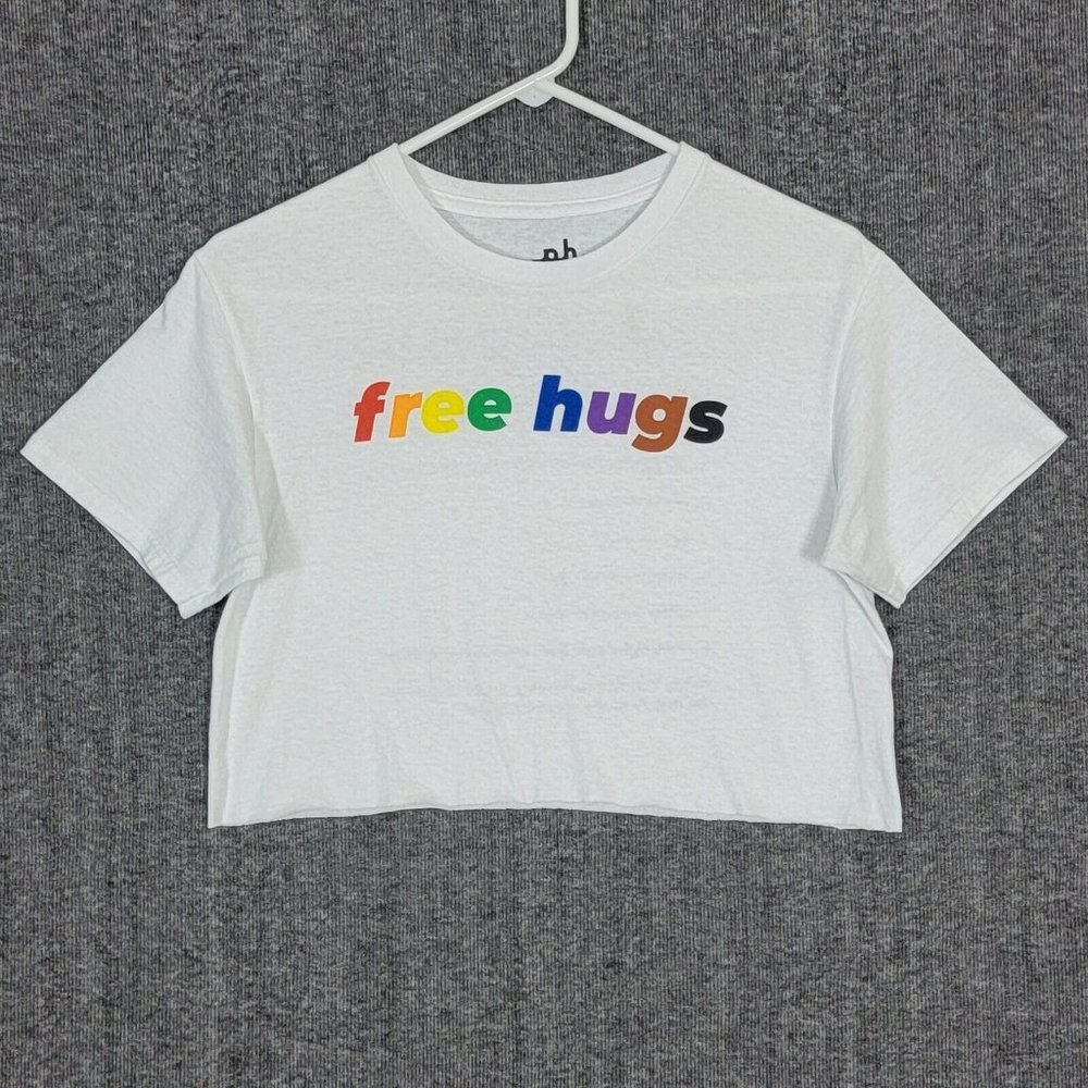 The Phluid Project FREE HUGS T-Shirt Small White Crop %100 Cotton Raw Hem